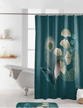 Duschvorhang «Gingkoblue», 180 x 200 cm, petrol, mit goldenem Muster
