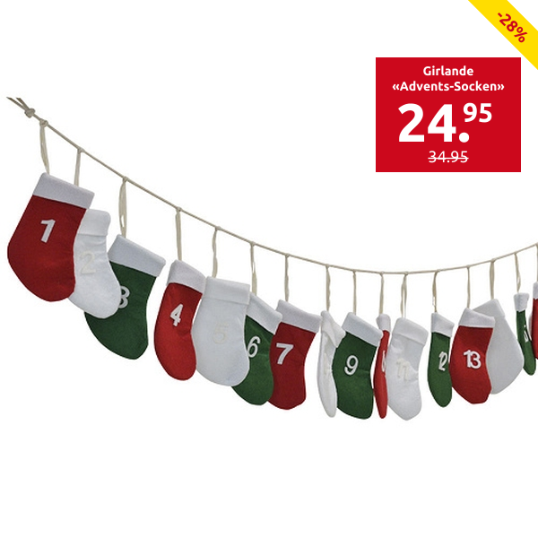 Girlande «Advents-Socken», L 220 cm, grün + weiss + rot
