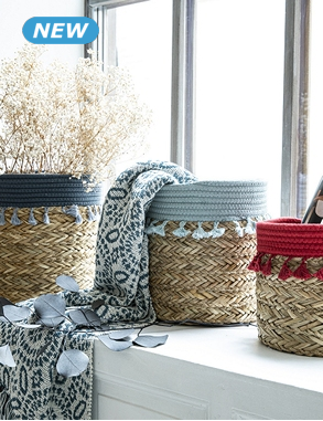 Körbe mit Pompons, 3er-Set,  Ø 20, 23, 26 cm, rot+dunkelblau+hellblau