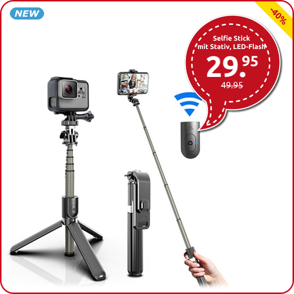 Selfie Stick mit Stativ, LED-Flash, 360°-Drehung