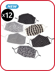 Set, 12 waschbare Masken unisex, Baumwolle, schwarz bedruckt