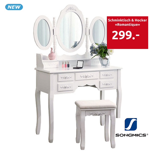 SONGMICS Schminktisch & Hocker«Romantique», B 90 x H 145 x T 40 cm, weiss