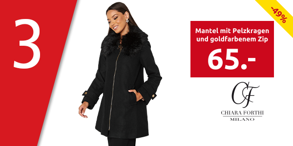 Chiara Forthi Mantel mit Pelzkragen und goldfarbenem Zip, schwarz
