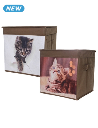 Boxen «Katze», 2er-Set, mit Deckel, 25,5 x 25,5 x 25,5 cm, braun