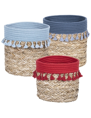 Körbe mit Pompons, 3er-Set,  Ø 20, 23, 26 cm, rot+dunkelblau+hellblau