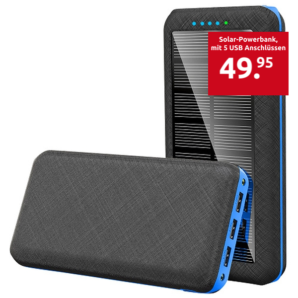 Solar-Powerbank, mit 5 USB Anschlüssen, 20'000 mAh