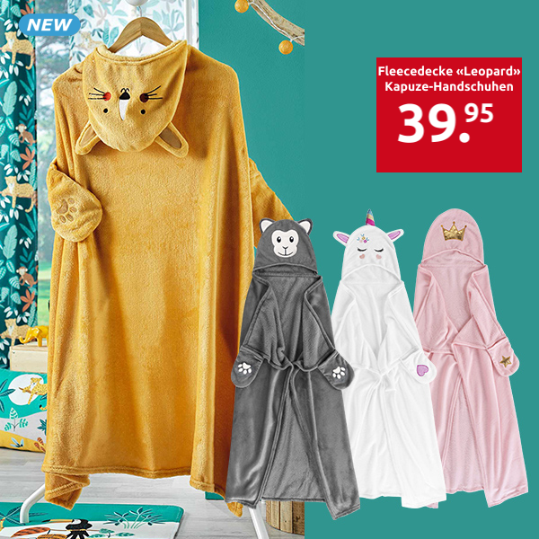 Fleecedecke «Leopard» mit Kapuze und Handschuhen, 100 x 120 cm