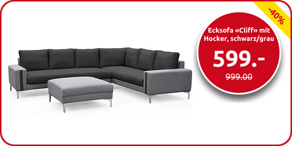 Ecksofa «Cliff» mit Hocker, schwarz/grau