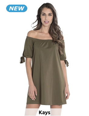 Kleid mit elastischem Ausschnitt, khaki