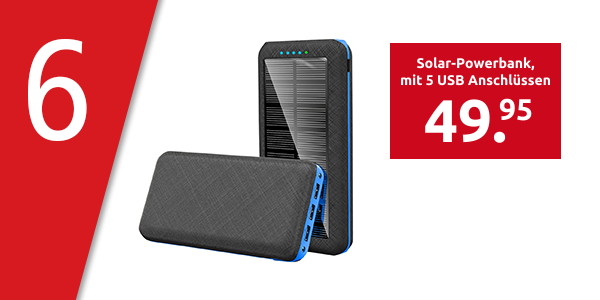 Solar-Powerbank, mit 5 USB Anschlüssen, 20'000 mAh