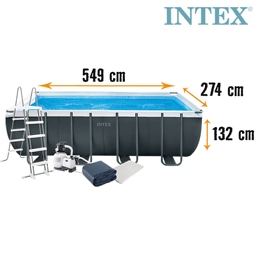 Aufstellpool Framepool-Set Intex Ultra Quadra XTR eckig 549x274x132 cm inkl. Sandfilteranlage, Leiter, Abdeckplane, Bodenschutzvlies & Anschlussschlauch grau