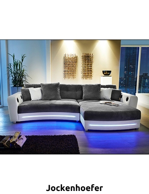 Ecksofa «Party» weiss/grau, mit Beleuchtungsleiste und Soundsystem