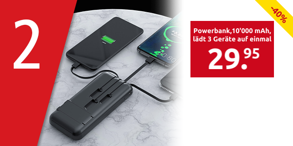 Powerbank, lädt 3 Geräte auf einmal, 10'000 mAh