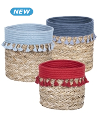 Körbe mit Pompons, 3er-Set,  Ø 20, 23, 26 cm, rot+dunkelblau+hellblau