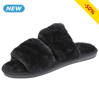 Pantoffeln mit Fellimitat, schwarz