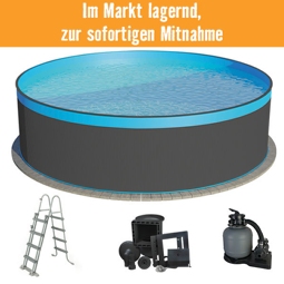 Aufstellpool Stahlwandpool-Set Planet Pool rund Ø 450x120 cm inkl. Sandfilteranlage, Leiter & Skimmer anthrazit mit Overlap-Folie blau