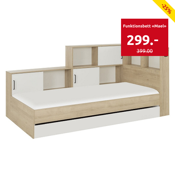 Funktionsbett «Mael», 90 x 200 cm,  Dekor eiche/weiss