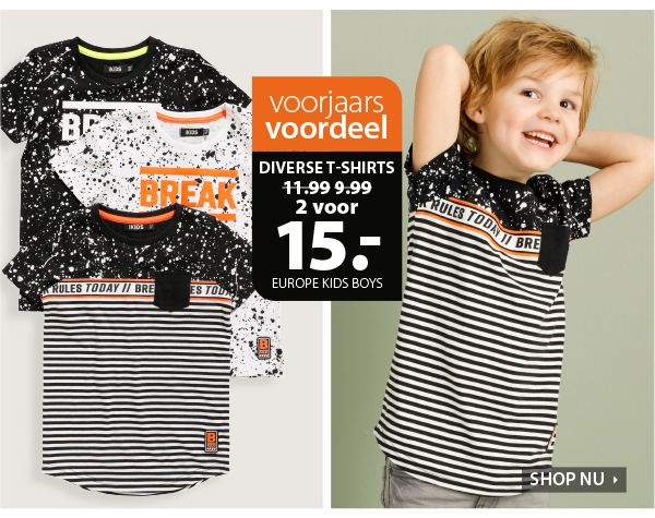 Voorjaarsvoordeel: Jongens t-shirts 2 voor 15 euro!