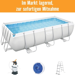 Aufstellpool Framepool-Set Bestway Power Steel™ eckig 404x201x100 cm inkl. Sandfilteranlage & Leiter grau