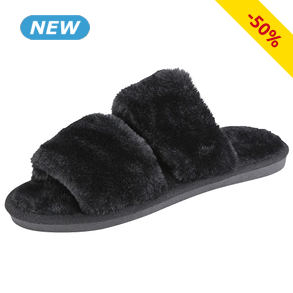 Pantoffeln mit Fellimitat, schwarz