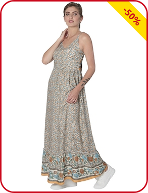 Langes romantisches Kleid, beige geblümt