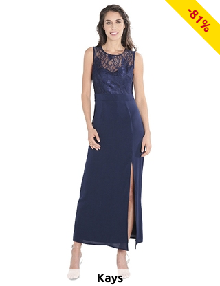 Langes Kleid mit Spitze und Schlitz, dunkelblau