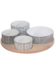 Aperitif-Service mit 4 Porzellanschalen und Bambustablett