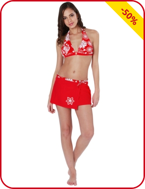 Strand-Set, 3-teilig, Bikini mit Jupe, rot/weiss