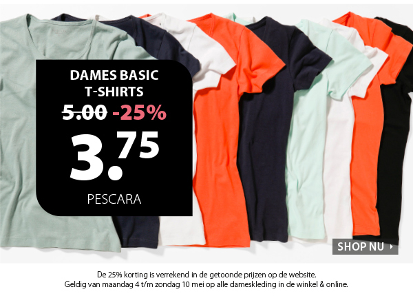 Shop je dames basic T-shirt nu met 25% korting