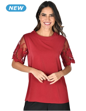 Top mit bestickten Ärmeln, dunkelrot