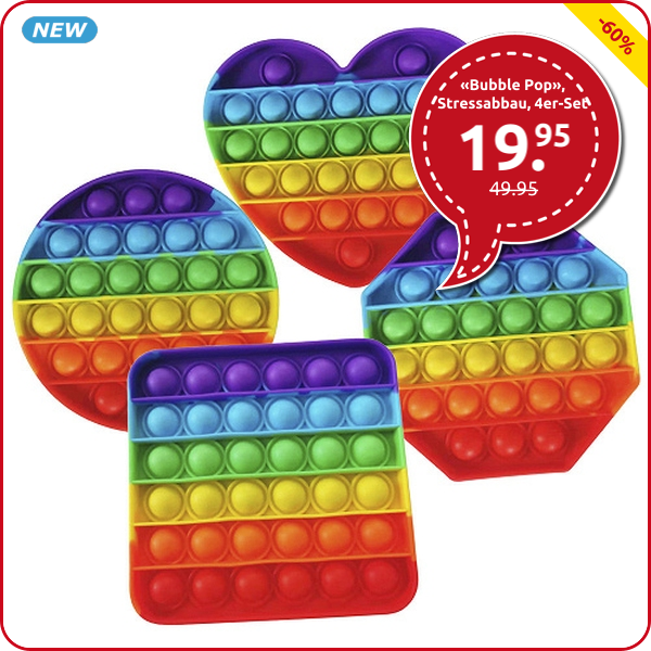 Stressabbau «Bubble Pop», 4er-Set Quadrat/Herz/Kreis/Hexagon