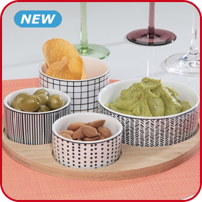 Aperitif-Service mit 4 Porzellanschalen und Bambustablett