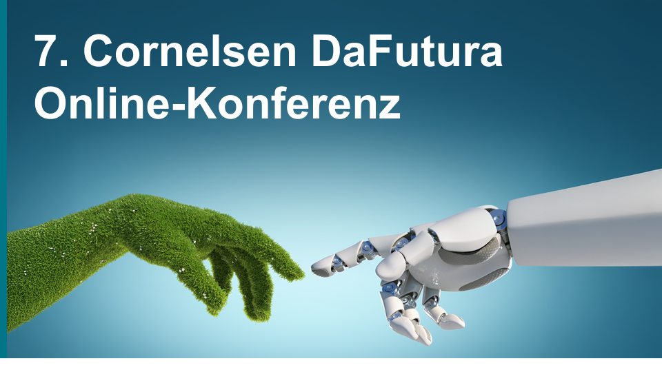Die Zeigefinger zweier Hände berühren sich, eine Hand ist mit Gras bedeckt, die andere Hand ist ein Roboter