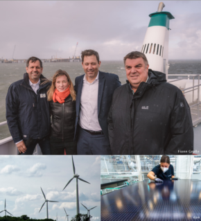Lars Klingbeil lässt sich in Wilhelmshaven die LNG-Terminals zeigen. Foto: Fionn Große.; Windräder Foto: dpa.; Fertigung von Solarpanels. Foto: dpa 