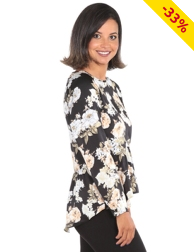 Bluse, langärmlig, schwarz geblümt