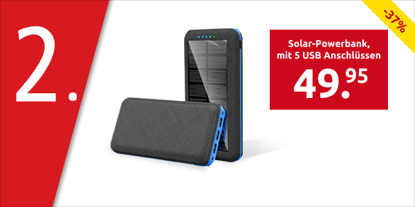 Solar-Powerbank, mit 5 USB Anschlüssen, 20'000 mAh