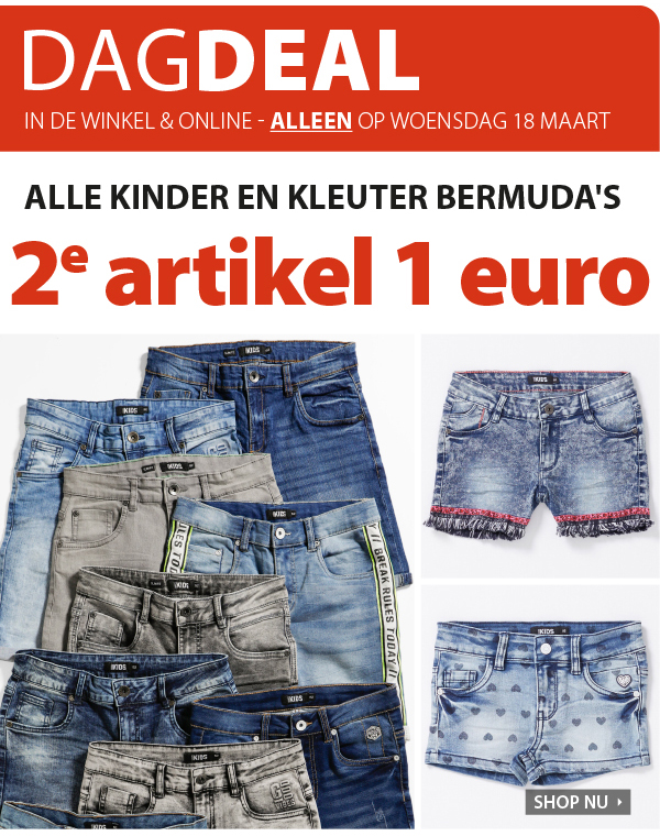 Dagdeal: Woensdag 2e artikel 1 euro bij kinder en kleuter bermuda's