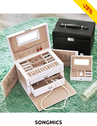 SONGMICS Schmuckkoffer, verschliessbar, 26 x 17 x 18 cm, inkl. Reiseschatulle, weiss