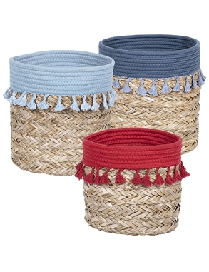 Körbe mit Pompons, 3er-Set,  Ø 20, 23, 26 cm, rot+dunkelblau+hellblau