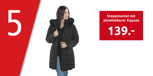 Steppmantel mit abnehmbarer Kapuze, schwarz