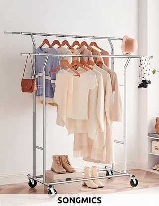 SONGMICS Doppelter Kleiderständer, B 129 x H 148/172 x T 55 cm, silberfarben