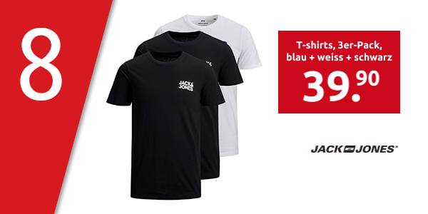 JACK & JONES T-shirts, 3er-Pack, blau + weiss + schwarz