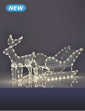 Beleuchtetes Rentier + Schlitten, 110 x 18 x 46 cm, 160 LEDs