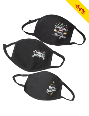 Mund-Nasen-Schutz aus Stoff, 3er-Set, schwarz/bedruckt Weihnachten
