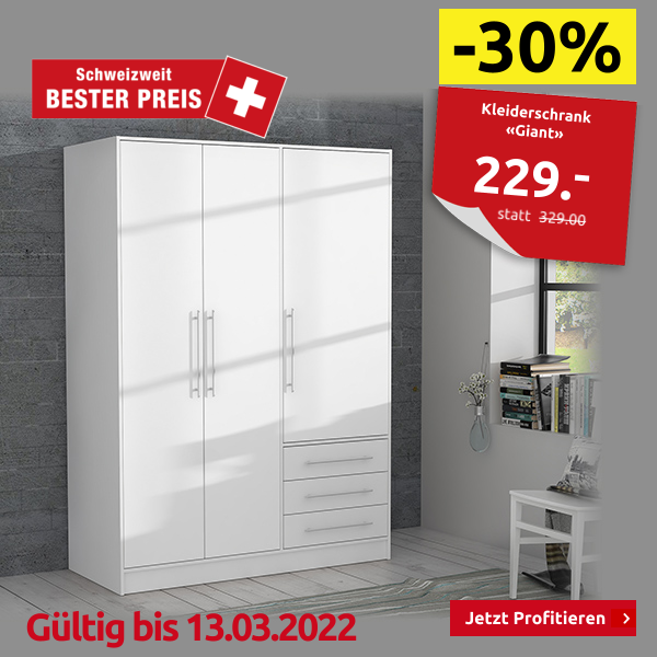 Kleiderschrank «Giant», 3-türig + 3 Schubladen, weiss, B 144,5 cm