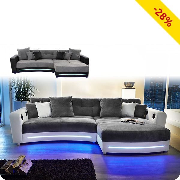 Ecksofa «Party» weiss/grau, mit Beleuchtungsleiste und Soundsystem