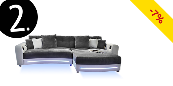 Ecksofa «Party» weiss/grau, mit Beleuchtungsleiste und Soundsystem
