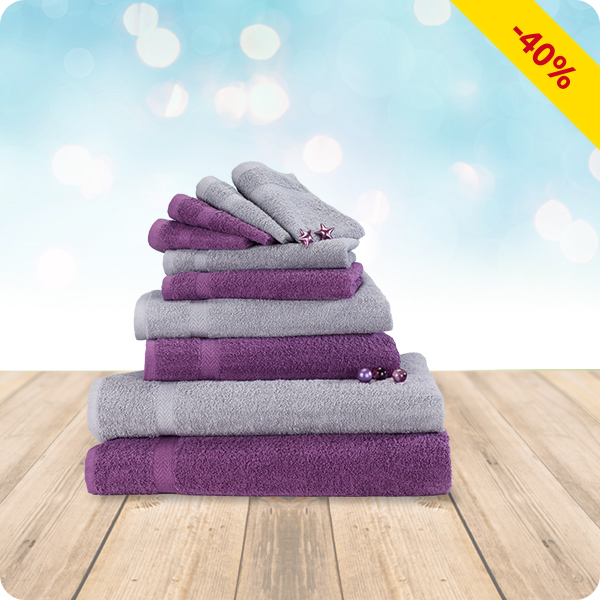 10-teiliges Frottee-Set, superflauschig, violett/grau
