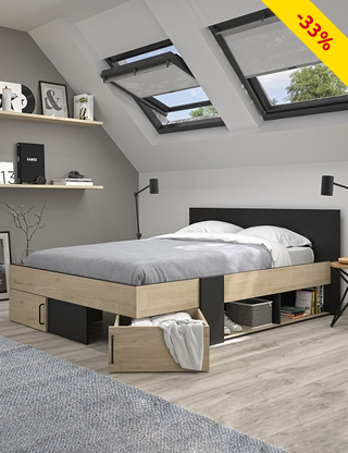 Bett «Swel», mit Stauraum, 160 x 200 cm, Dekor eiche/schwarz