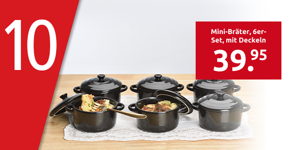 Mini-Bräter, 6er-Set, mit Deckeln, schwarz